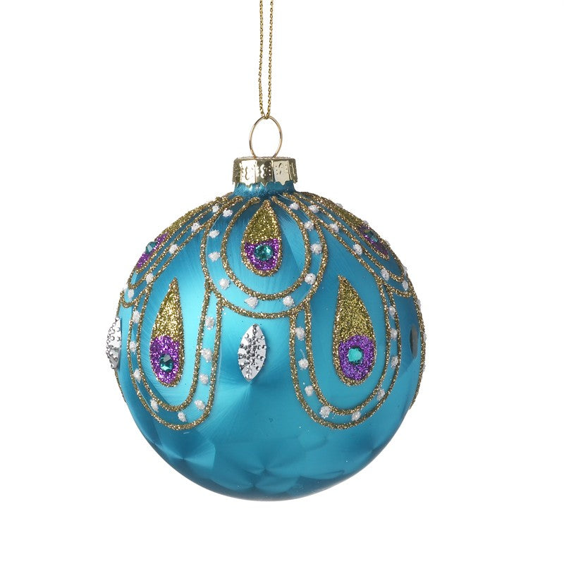 Feather Dot Detail Blue Glass Bauble