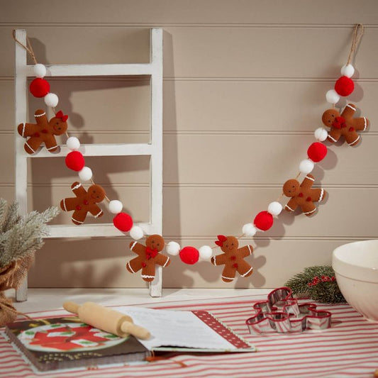 XMAS GINGERBREAD GARLAND PLUSH FABRIC WITH RED & WHITE POM POMS