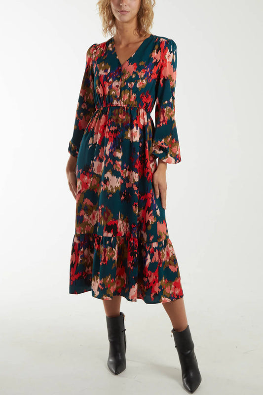 ABSTRACT PRINT V-NECK FRILL HEM DRESS