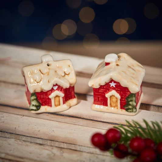 XMAS COTTAGE SALT & PEPPER SET RED EMBOSSED CERAMIC WITH TREES