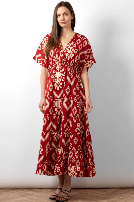 Sienna Maxi Kaftan Dress - Red, Aztec Print