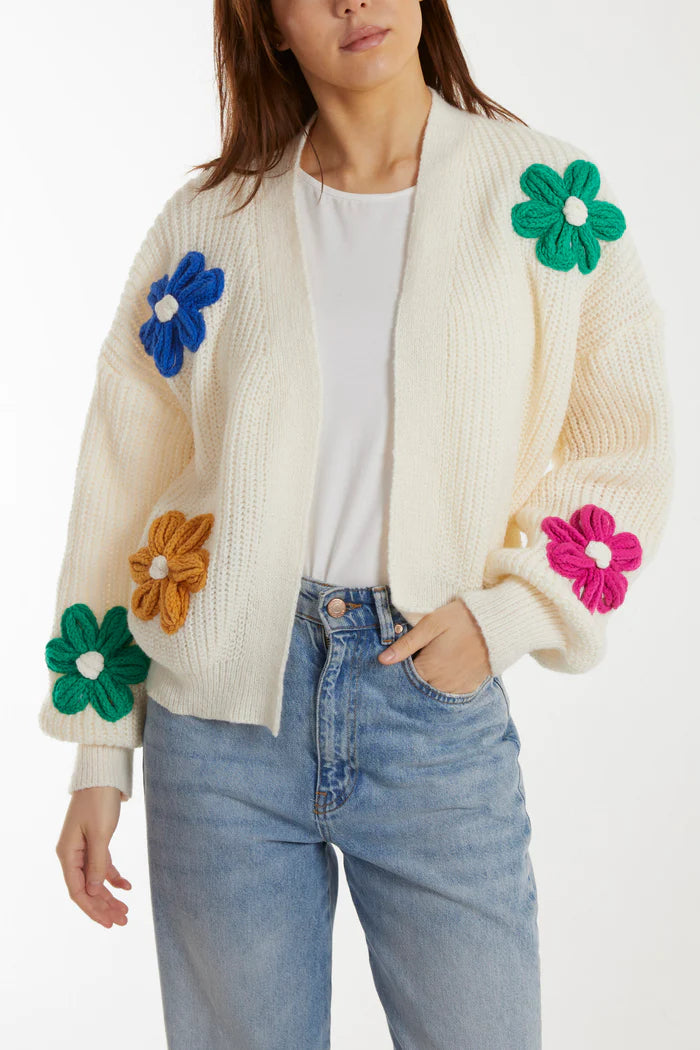 Flocking Flower Chunky Knit Cardigan