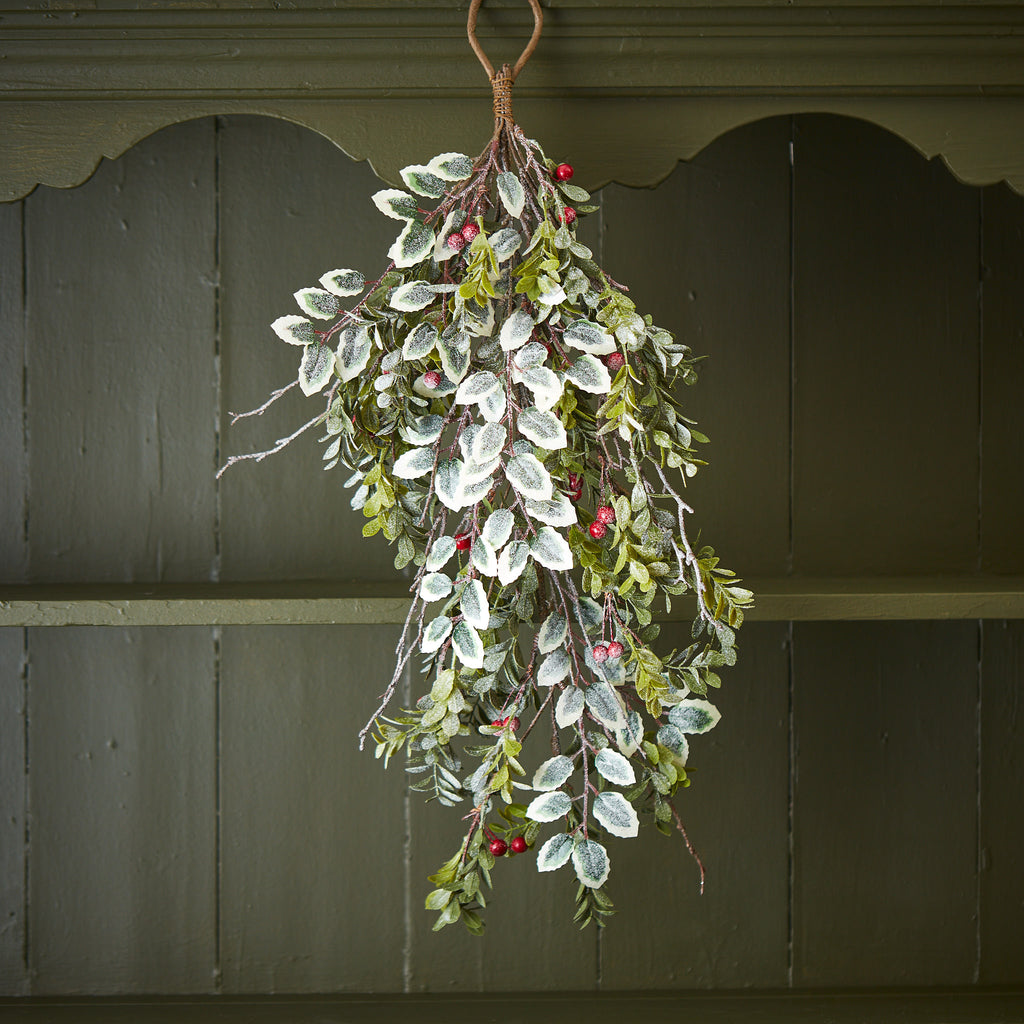 Snowy Leaf Red Berry Faux Door Swag