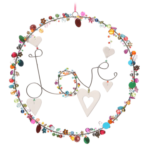 multicoloured beaded hanging decoration with 'Love' in wire