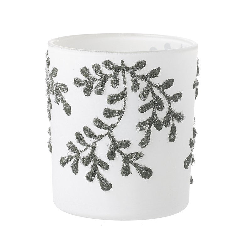 Small White Glass & Leaves T Light