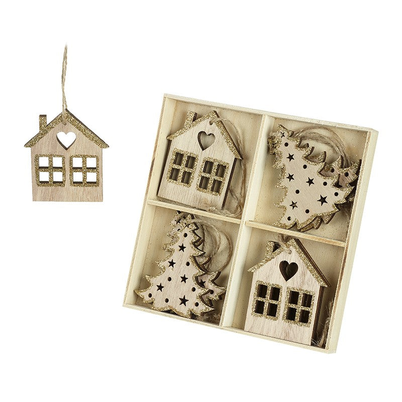Wood & Glitter House & Tree Boxed Dec