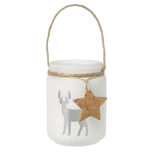 White Glass Reindeer Jar With Handle.50