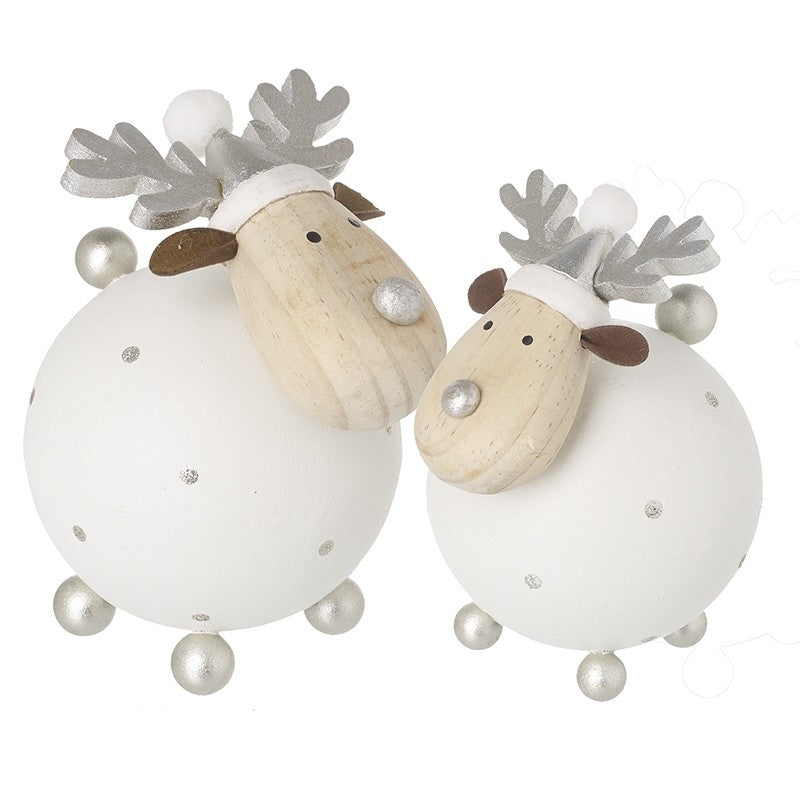Round Wooden Silver & White Reindeer Set