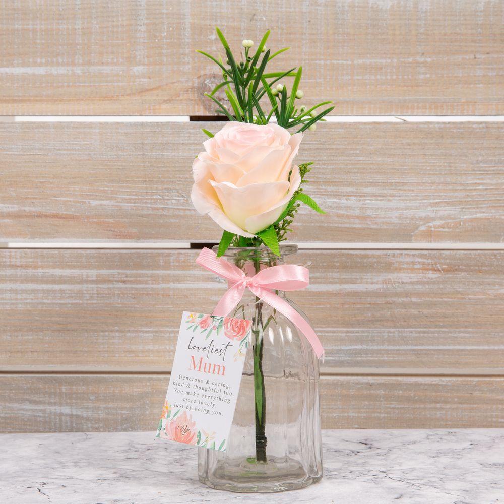 Sophia Artificial Pink Rose in Glass Vase - Loveliest Mum